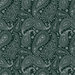 Monohcrome seamless pattern with Paisley motifs on dark green background. Traditional indian repeat design.