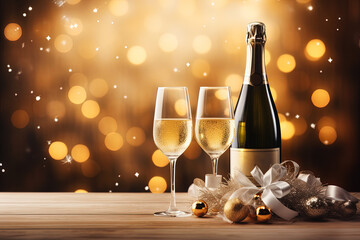 botella de champan junto a dos copas y bolas de navidad sobre soporte de madera y fondo oscuro y dorado desenfocado, efecto bokeh - obrazy, fototapety, plakaty