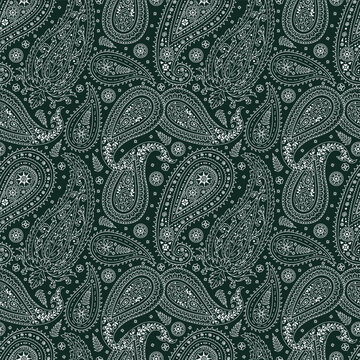 Monohcrome seamless pattern with Paisley motifs on dark green background. Traditional indian repeat design.