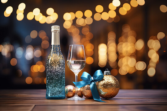 botella de licor junto a copa con bebida y bolas de navidad sobre mesa con fondo desenfocado dorado