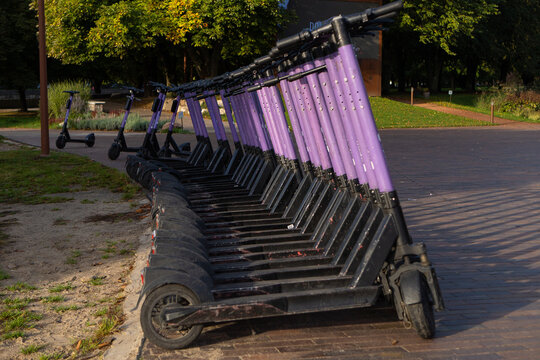 Pedestrian path and scooters for rental standing in a row.