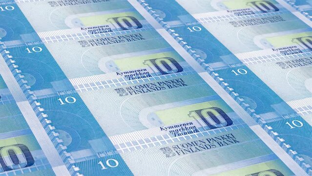 Finland Finnish Markka 10 Banknotes Money Printing House, Printing Ten Finnish Markka, Printing Press Machine Print out Finnish Markka, Being printed by currency press machine 10