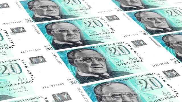 Finland Finnish Markka 20 Banknotes Money Printing House, Printing Twenty Finnish Markka, Printing Press Machine Print out Finnish Markka, Being printed by currency press machine 20