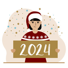 A woman in a Christmas red hat with snowflakes holds a Happy New Year 2024 card.