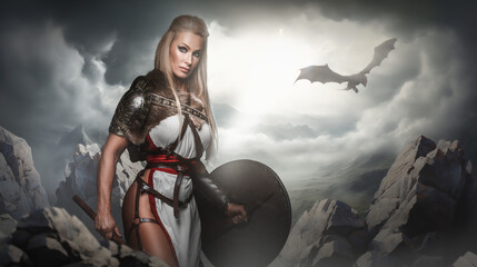Fototapeta na wymiar A female warrior in fantasy armor stands ready in a mountainous landscape with a dragon soaring in the cloudy sky