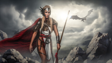An epic Valkyrie in a winged helmet and red cape holding a spear, with a dragon flying in the...