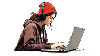 jeune femme, étudiante, en train de travailler sur son laptop, casque audio sur les oreilles - fond transaprent - obrazy, fototapety, plakaty