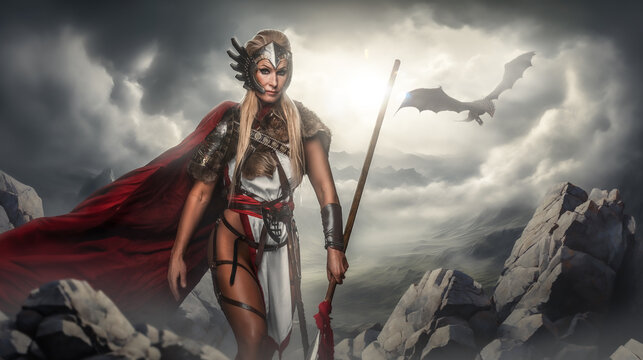 An epic Valkyrie in a winged helmet and red cape holding a spear, with a dragon flying in the background