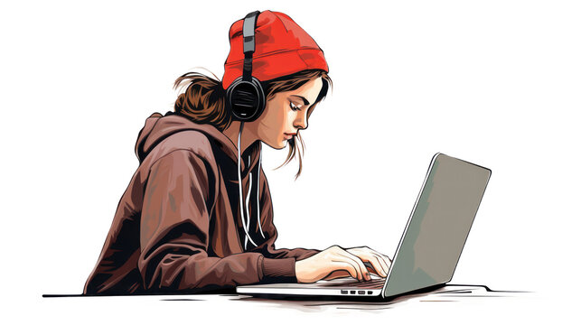 jeune femme, étudiante, en train de travailler sur son laptop, casque audio sur les oreilles - fond transaprent