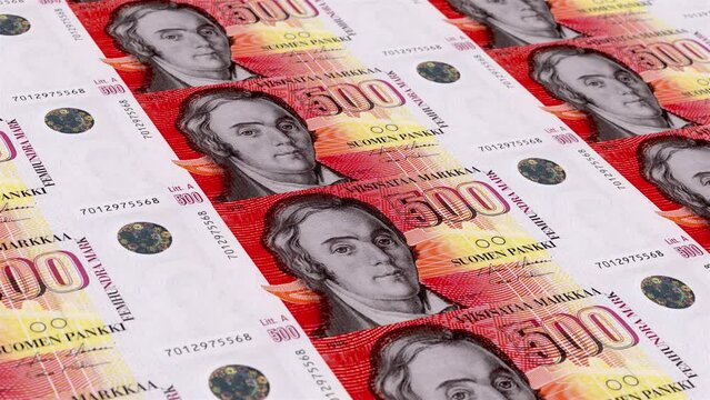 Finland Finnish Markka 500 Banknotes Money Printing House, Printing Five Hundred Finnish Markka, Printing Press Machine Print out Finnish Markka, Being printed by currency press machine 500
