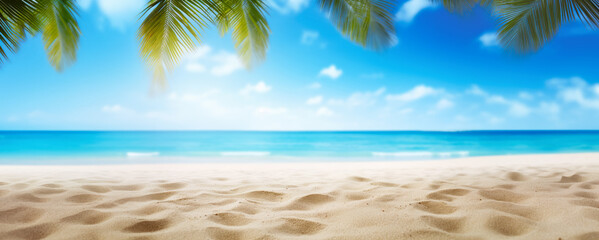 Fototapeta na wymiar Tropical beach with fine sand, some palm leaves above, calm sea with clear sky in distance. Empty copy space template for vacation or holiday product. Generative AI.