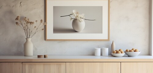 Scandinavian kitchen close-up featuring a white frame, wooden console, wall rings, and a vase of flowers