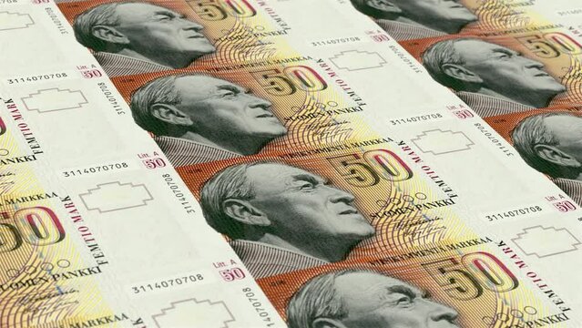 Finland Finnish Markka 50 Banknotes Money Printing House, Printing Fifty Finnish Markka, Printing Press Machine Print out Finnish Markka, Being printed by currency press machine 50