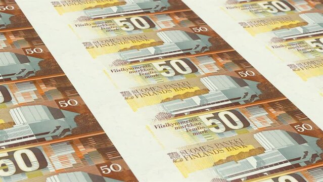 Finland Finnish Markka 50 Banknotes Money Printing House, Printing Fifty Finnish Markka, Printing Press Machine Print out Finnish Markka, Being printed by currency press machine 50