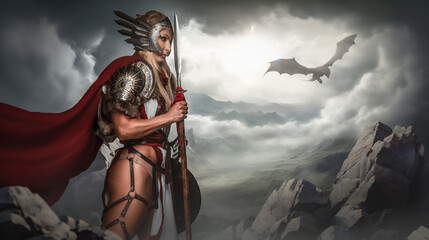 An epic Valkyrie in a winged helmet and red cape holding a spear, with a dragon flying in the...
