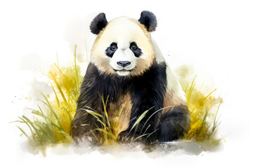Watercolor painting of a giant panda in the wild nature.