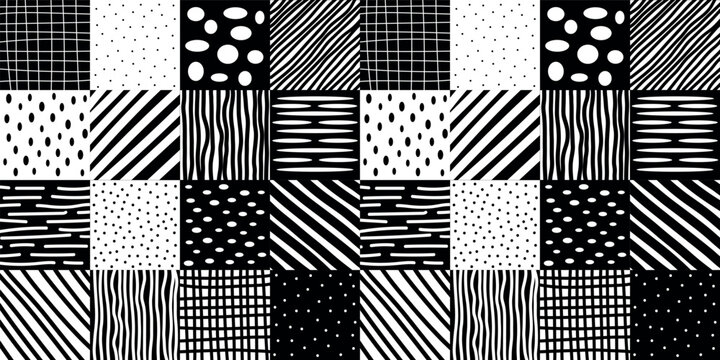 Abstract black and white mosaic seamless pattern. Vector geometric swatch. For screen background, wrapping paper, wallpaper, textile and surface design. Modern patchwork pattern