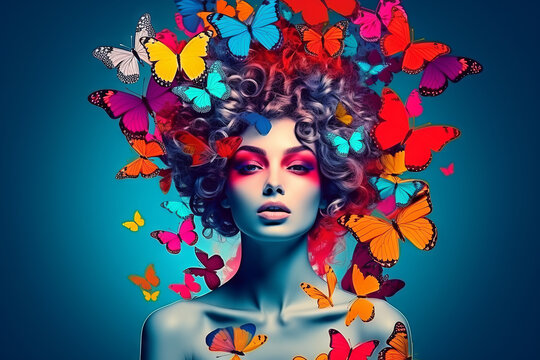 Surreal portrait of a woman with butterflies in her hair. Abstract photo in pop art collage style. Generative Ai