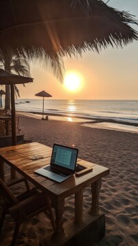 Freelancer digital nomad working with a laptop on a sandy sea or ocean beach, blending work and relaxation, enjoying the seaside office and work from anywhere concept.concept.