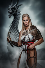 Valkyrie Guardian with Dragon drakkar in Mythical Setting holds a horn