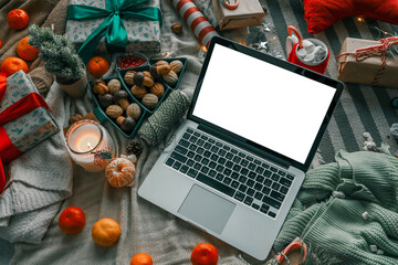 Laptop with isolated screen in New Year's atmosphere.