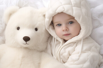 Beautiful baby with blue eyes and sweet teddy bear