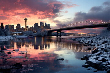Panoramic view of a winter Seattle city skyline at dusk, with the city lights reflecting off the icy surfaces and creating a magical
