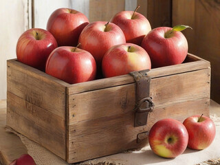 Fresh red apples in a wooden box on a rustic background.