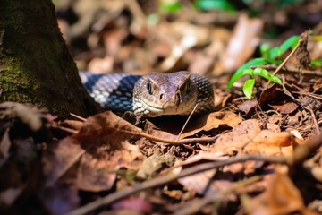 A poisionous snake hiding at a small path.