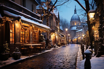 Winter cityscape snow covered streets of Paris lined with historical buildings adorned with festive lights and decorations
