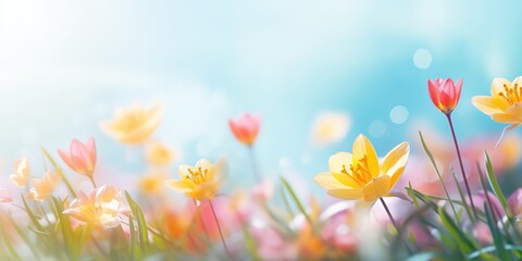 soft focus cosmos flowers with bokeh glitter glow light, beautiful wildflower blossom field landscape, dreamy spring background wallpaper, Generative Ai