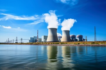 A large nuclear power plant in rural landscape.
