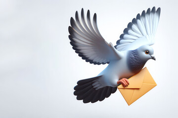 Flying dove with a letter on a light background. Place for text.