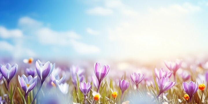 soft focus crocus flowers with bokeh glitter glow light, beautiful wildflower blossom field landscape, dreamy spring background wallpaper, Generative Ai