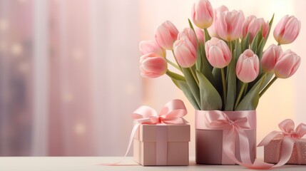Pink tulips with present on a light background