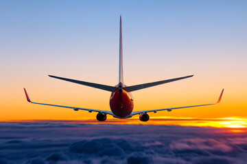 Rear view of a flying passenger jetliner in the sunset sky
