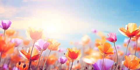  soft focus tulip flowers with bokeh glitter glow light, beautiful wildflower blossom field landscape, dreamy spring background wallpaper, Generative Ai © QuietWord