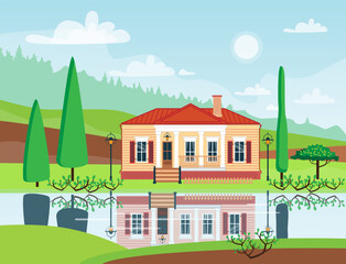 Fototapeta premium Spring landscape with big family cottage house, lake, green grass, trees. Countryside life. Vector illustration in flat style.
