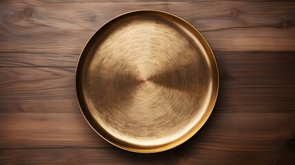 Top View of an empty Plate in gold Colors on a wooden Table. Elegant Template with Copy Space