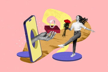Creative collage of smart phone display black white colors arm hold give engagement ring flowers mini excited girl isolated on pink background