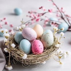 Naklejka na ściany i meble Colored eggs lie next to willow branches on a white background. Festive decor for Easter with quail eggs, painted Easter eggs lie among the willow branches, AI generator