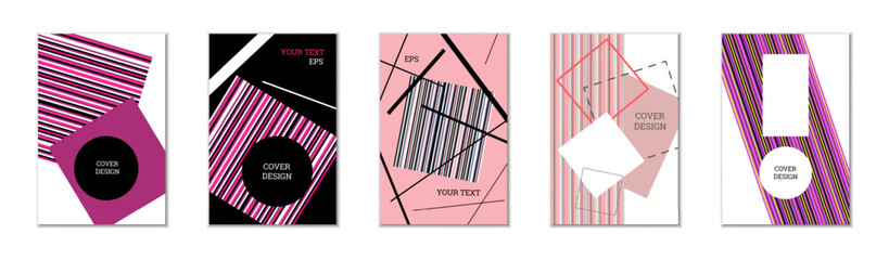 Geometric cover design, set of 5 covers. Abstract unusual background in Memphis style. Bright geometric shapes in random order