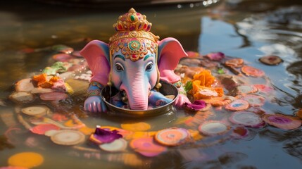 A clay Ganesh idol submerged in a colorful water basin during a vibrant and joyful immersion ceremony. - obrazy, fototapety, plakaty