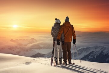 Fototapeta na wymiar Passion for skiing against the backdrop of beautiful snowy mountains