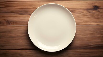 Top View of an empty Plate in ivory Colors on a wooden Table. Elegant Template with Copy Space