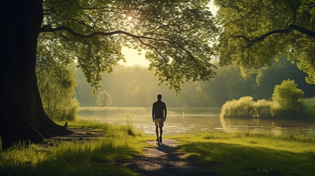 A clear image of a diabetic individual enjoying a morning walk in a picturesque park, emphasizing the tranquility of nature in diabetes management.