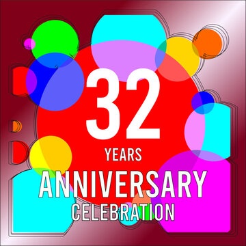 32 Years anniversary celebration with colorful circles and traces over a red wine color gradient background
