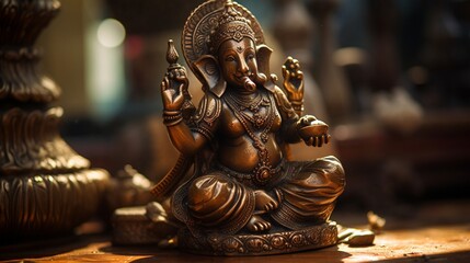 A close-up of a bronze Ganesh figurine, with its delicate details beautifully highlighted by a beam of sunlight. - obrazy, fototapety, plakaty