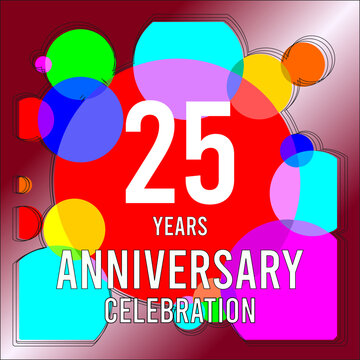 25 Years anniversary celebration with colorful circles and traces over a red wine color gradient background