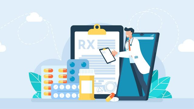 Online male doctor with medication. RX. Online pharmacy, healthcare consultation, medical examination, medicine order. Ordering medicines online via laptop. Fast delivery of pills. 2d flat animation	